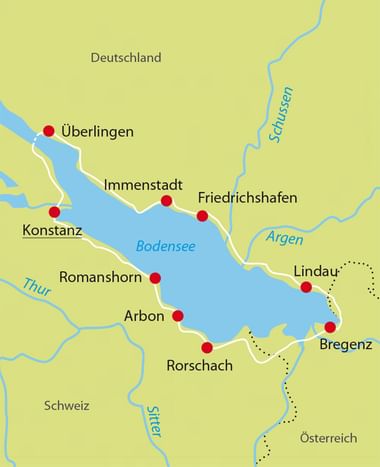 Map showing cycling route around Lake Constance Obersee with cities Konstanz, Überlingen, Friedrichshafen, Lindau, Bregenz, and Rorschach marked.