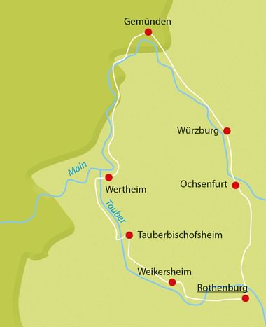 Karte des Fränkischen Radachters, die deutsche Städte verbindet: Gemünden, Würzburg, Ochsenfurt, Rothenburg, Weikersheim, Tauberbischofsheim und Wertheim entlang Main und Tauber.