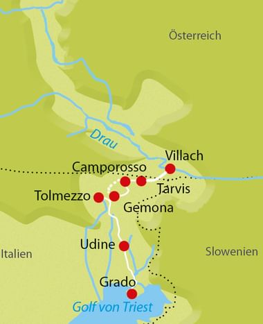 Karte des Alpe Adria Radwegs von Villach über Tarvis, Gemona, Udine bis Grado am Golf von Triest, mit roten Punkten markiert.