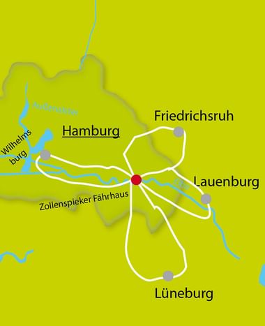 Map showing cycling routes converging at Zollenspieker Fährhaus from Hamburg, Friedrichsruh, Lauenburg, and Lüneburg on yellow background.