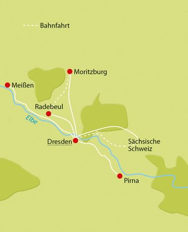 Map showing cycling routes around Dresden with Elbe river. Cities marked: Meißen, Moritzburg, Radebeul, Dresden, and Pirna in Saxon Switzerland.