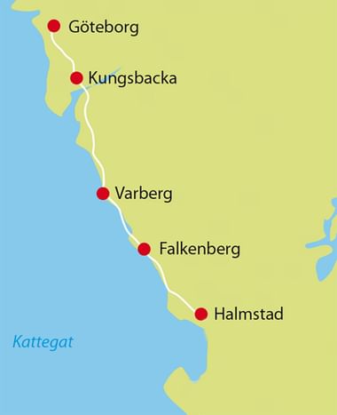 Karte der schwedischen Westküste mit den Städten Göteborg, Kungsbacka, Varberg, Falkenberg und Halmstad, markiert mit roten Punkten entlang einer weißen Route.