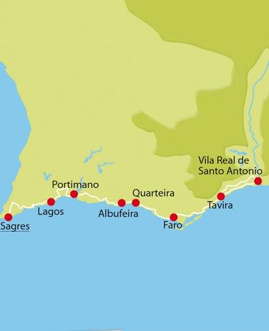Stilisierte Karte der südportugiesischen Algarve-Küste mit roten Punkten für Städte von Sagres bis Tavira, einschließlich Lagos, Portimao, Albufeira, Quarteira und Faro.