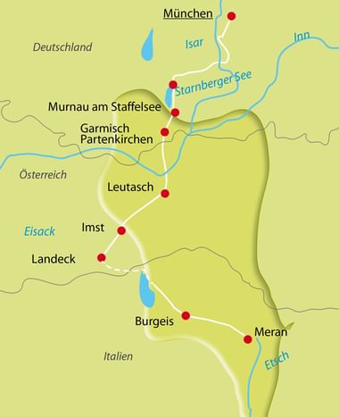 Karte zeigt Radroute von München durch Bayern und Österreich nach Meran in Italien, vorbei an Starnberger See, Garmisch-Partenkirchen und Innsbruck.