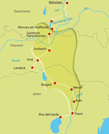 Map showing cycling route from Munich through Austria to Lake Garda, Italy. Red dots mark stops including Starnberger See, Garmisch-Partenkirchen, and Riva del Garda.