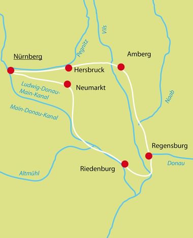 Karte der 5-Flüsse-Rundfahrt durch Bayern mit Städten Nürnberg, Hersbruck, Amberg, Neumarkt, Riedenburg und Regensburg.