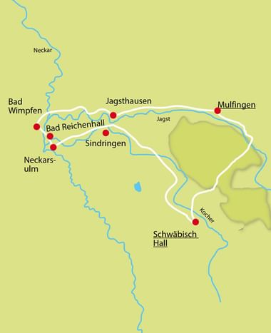 Karte mit Radroute entlang der Flüsse Kocher und Jagst mit Orten wie Mulfingen, Jagsthausen, Bad Reichenhall, Sindringen und Schwäbisch Hall.