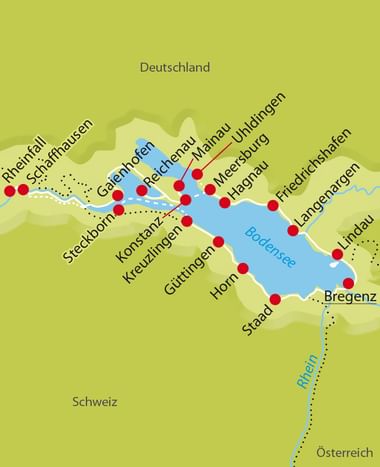 Karte des Bodensees mit roten Punkten für Städte wie Konstanz, Friedrichshafen und Bregenz in Deutschland, der Schweiz und Österreich.