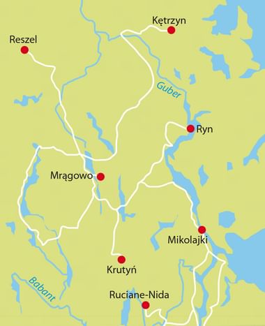 Karte mit Radrouten in Masuren, Polen mit den Städten Ketrzyn, Reszel, Mragowo, Ryn, Mikolajki, Krutyń und Ruciane-Nida als rote Punkte.