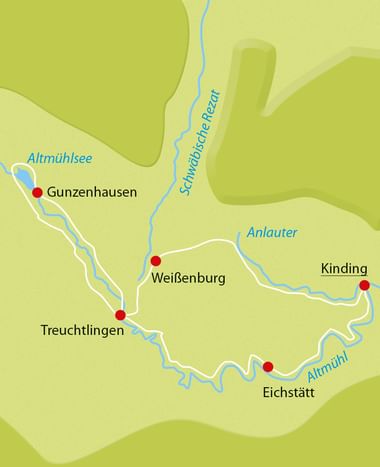 Stilisierte grüne Karte des Naturparks Altmühltal mit den Flüssen Altmühl und Anlauter, Städten Gunzenhausen, Weißenburg, Treuchtlingen, Eichstätt, Kinding.