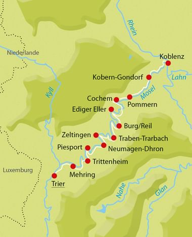 Topographic map showing Mosel wine tour route through Germany with red dots marking cities like Koblenz, Cochem, Trier along Mosel River.