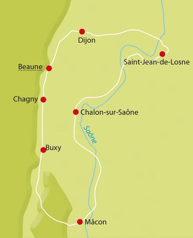 Karte der Burgund-Radroute mit weißem Pfad, der Städte verbindet: Dijon, Saint-Jean-de-Losne, Chalon-sur-Saône, Beaune, Chagny, Buxy und Mâcon.