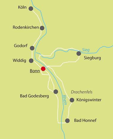 Karte mit Radrouten, die von Köln, Rodenkirchen, Godorf, Widdig, Siegburg, Bad Godesberg, Königswinter und Bad Honnef nach Bonn führen.
