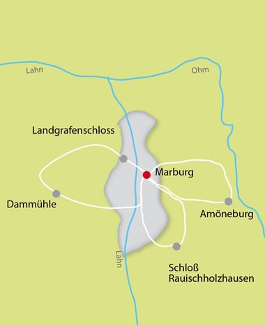 Karte mit Radwegen rund um Marburg mit Lahn und Ohm. Routen verbinden Landgrafenschloss, Dammühle, Amöneburg und Schloß Rauischholzhausen.