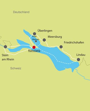 Karte des Bodensees mit Konstanz rot markiert. Routen führen nach Überlingen, Meersburg, Friedrichshafen, Lindau, Insel Mainau und Stein am Rhein.