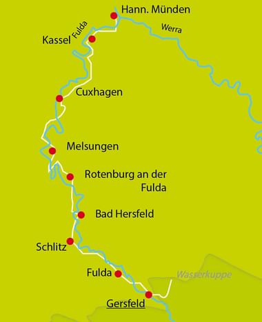 Karte des Fulda-Radwegs auf gelbem Hintergrund mit blauem Flussverlauf und roten Punkten für Orte von Hann. Münden bis Gersfeld.