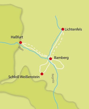 Karte mit Radrouten von Bamberg nach Haßfurt, Lichtenfels und Schloss Weißenstein. Blaue Linien markieren Main und Regnitz.