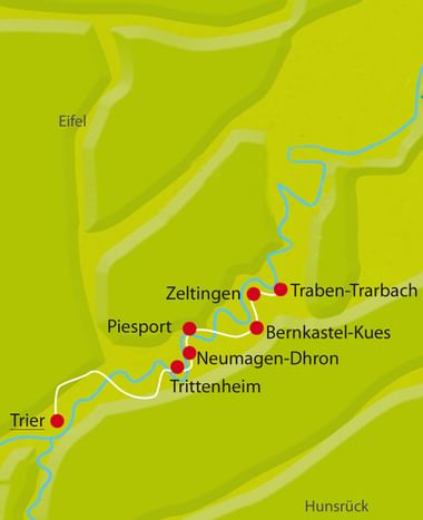 Karte des Mosel-Radwegs mit roten Punkten für Orte: Trier, Trittenheim, Neumagen-Dhron, Piesport, Bernkastel-Kues, Zeltingen, Traben-Trarbach.
