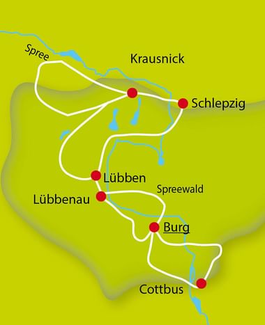 Karte des Gurkenradwegs auf gelbgrünem Hintergrund mit weißer Routenlinie und roten Punkten für Orte: Krausnick, Schlepzig, Lübben, Lübbenau, Burg und Cottbus. Blaue Linien zeigen Spree und Spreewaldgewässer.