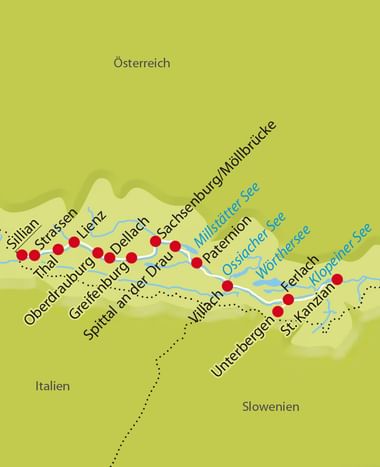 Karte des Drau-Radwegs durch Österreich, Italien und Slowenien mit roten Punkten für Städte wie Lienz, Spittal, Villach und Seen.
