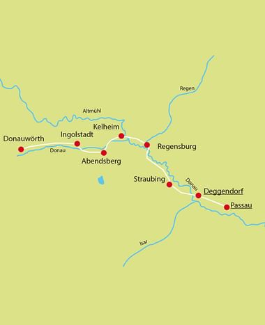 Map showing Danube cycling route from Donauwörth to Passau via Ingolstadt, Kelheim, Regensburg, Straubing and Deggendorf with rivers marked in blue.