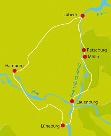 Karte mit Radroute von Lübeck über Ratzeburg, Mölln und Lauenburg nach Lüneburg entlang der Flüsse Trave, Elbe-Lübeck-Kanal und Elbe.