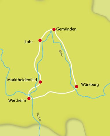 Karte mit Radroute durch Main-Spessart mit den Orten Gemünden, Lohr, Marktheidenfeld, Wertheim und Würzburg, markiert mit roten Punkten.
