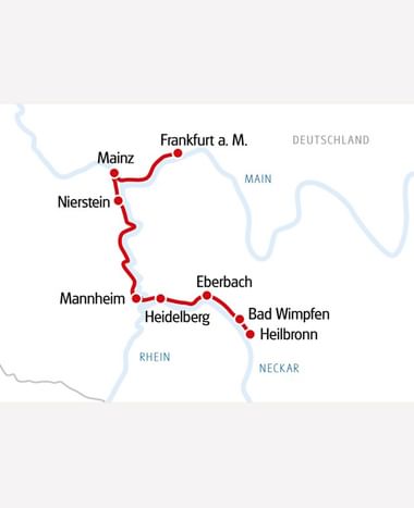 Karte mit Radroute von Frankfurt über Mainz, Nierstein, Mannheim, Heidelberg, Eberbach, Bad Wimpfen und Heilbronn entlang Rhein und Neckar.