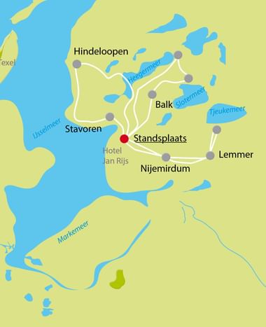 Karte von Gaasterland mit Radrouten vom zentralen Punkt Standsplaats nach Hindeloopen, Stavoren, Balk, Lemmer und Nijemirdum mit Seen.