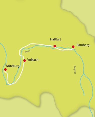Cycling route map along Main River showing short tour from Würzburg via Volkach, Haßfurt to Bamberg, with Regnitz River marked in yellow-green.