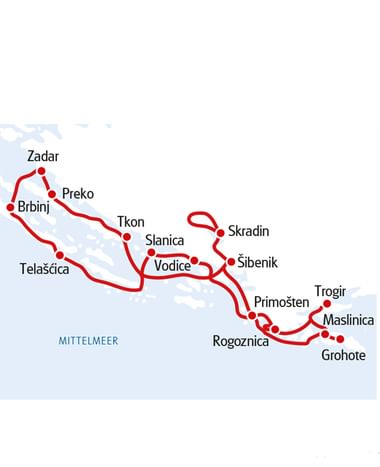 Karte mit Radroute in Norddalmatien mit roter Linie, die Küstenstädte von Zadar bis Grohote verbindet, durch Inseln und Festland.
