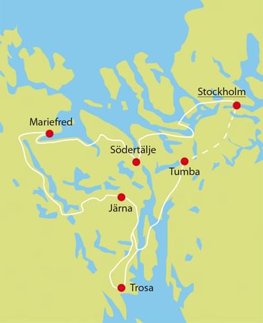 Karte mit Radroute um Stockholm mit roten Punkten bei Mariefred, Södertälje, Tumba, Järna und Trosa, verbunden durch weiße Linien.