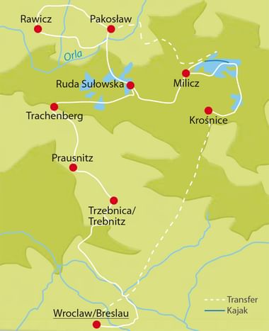Topografische Karte von Breslau und Niederschlesien mit rot markierten Städten, blauen Flüssen und eingezeichneten Kajakrouten.