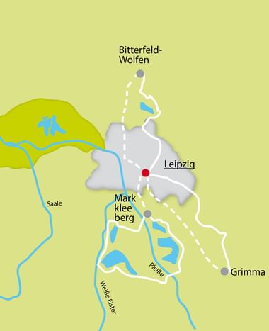 Karte mit Radrouten, die von Bitterfeld-Wolfen, Markkleeberg und Grimma nach Leipzig führen. Die Flüsse Saale, Pleiße und Weiße Elster sind markiert.