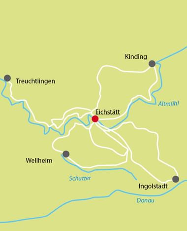 Karte mit Radrouten rund um Eichstätt mit Verbindungen nach Kinding, Treuchtlingen, Wellheim und Ingolstadt entlang Altmühl, Schutter und Donau.