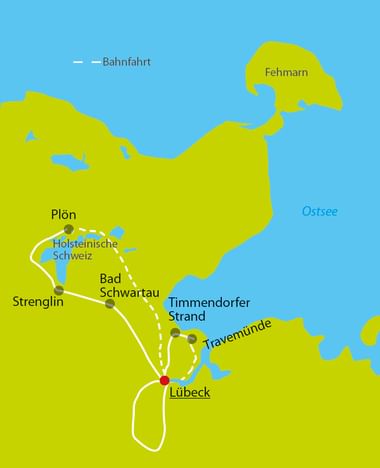 Radtourenkarte mit sternförmigen Routen von Lübeck nach Plön, Strenglin, Timmendorfer Strand und Travemünde an der Ostseeküste.
