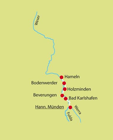 Karte der Weser-Route mit markierten Stationen: Hameln, Bodenwerder, Holzminden, Beverungen, Bad Karlshafen und Hann. Münden bei Fulda und Werra.