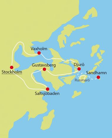 Karte mit Inselhüpfen-Route von Stockholm über Vaxholm, Gustavsberg, Djurö, Sandhamn und Saltsjöbaden mit weißen Routenlinien zwischen roten Punkten.