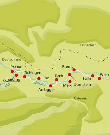 Karte des Donau-Radwegs von Passau bis Wien mit roten Punkten für Städte wie Linz, Melk, Krems und Tulln entlang der blauen Donau.