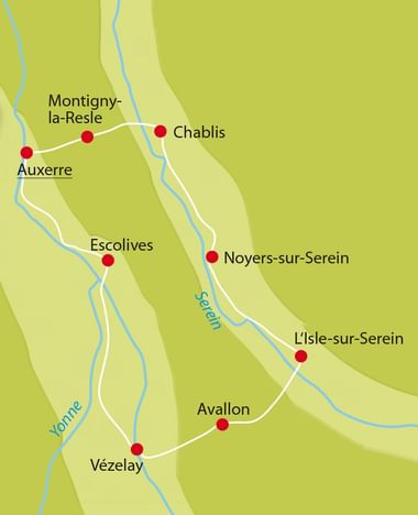Karte mit Radroute durch Nordburgund mit roten Punkten für Städte: Auxerre, Chablis, Vézelay, Avallon und andere entlang der Flüsse.