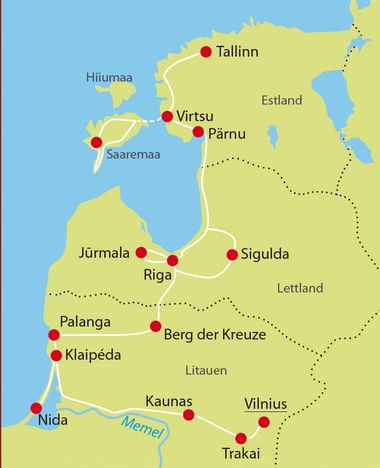 Karte von Estland, Lettland und Litauen mit Reiseroute, die Städte wie Tallinn, Riga, Vilnius, Kaunas und Klaipėda mit weißen Linien verbindet.