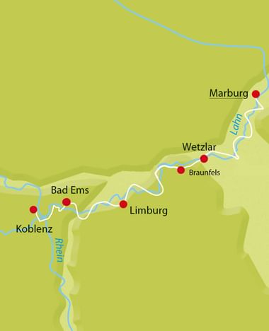 Karte des Lahn-Radwegs mit roten Markierungen für Marburg, Wetzlar, Braunfels, Limburg, Bad Ems und Koblenz. Blaue Linien zeigen die Lahn und den Rhein.