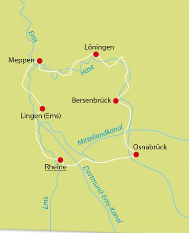 Karte der Hase-Ems Radroute mit den Städten Meppen, Löningen, Bersenbrück, Osnabrück, Rheine und Lingen, verbunden durch Wasserstraßen.