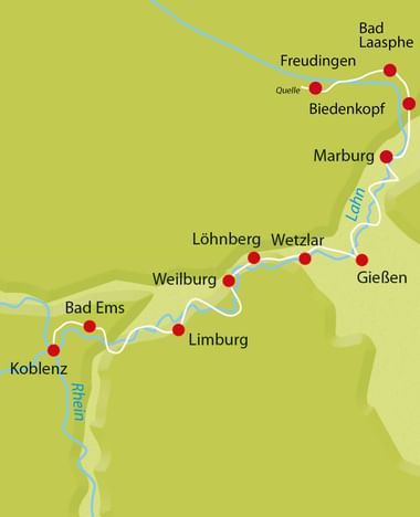 Karte des Lahn-Radwegs mit Verlauf der Lahn von der Quelle bei Freudingen über Marburg, Gießen, Wetzlar, Weilburg bis Koblenz am Rhein.