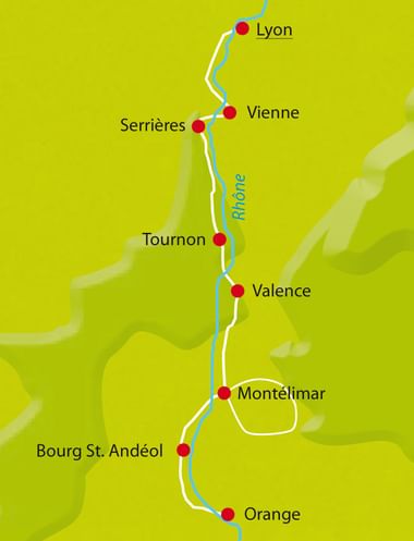Map showing Rhône cycle route from Lyon to Orange with cities marked: Lyon, Vienne, Serrières, Tournon, Valence, Montélimar, Bourg St. Andéol, Orange.