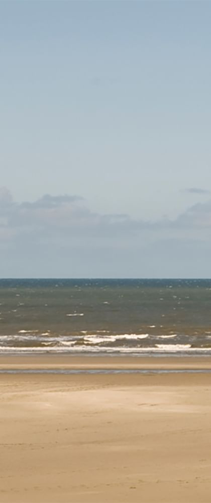 Weitläufiger Sandstrand auf Terschelling mit sanften Wellen, die an die Küste rollen, unter bewölktem Himmel. Der breite Strand erstreckt sich in die Ferne.