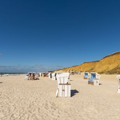Sandstrand auf Sylt mit weiß-blau gestreiften Strandkörben verteilt im Sand. Rote Sandsteinklippe erhebt sich im Hintergrund unter klarem blauen Himmel.
