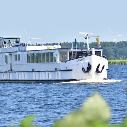 Weißes Flusskreuzfahrtschiff MS Fluvius fährt auf blauem Wasser mit bewaldeter Uferlinie und Windrädern im Hintergrund, gelbe Blumen im Vordergrund.