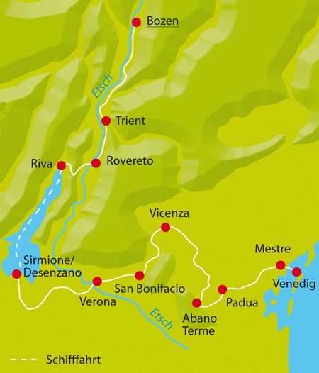 Karte Radtour Bozen-Venedig