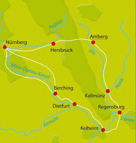 Karte 5-Flüsse Tour Bayern Radreise Fahrradtour Deutschland Europa Radurlaub 